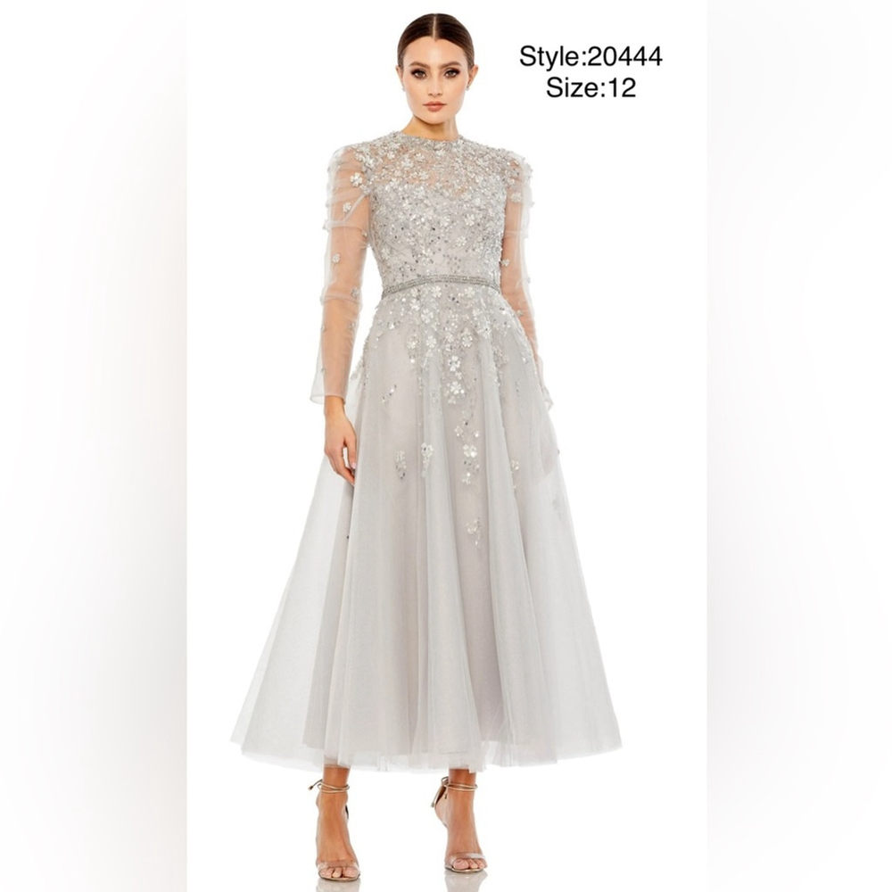 Embellished gathered long sleeve a-line gown